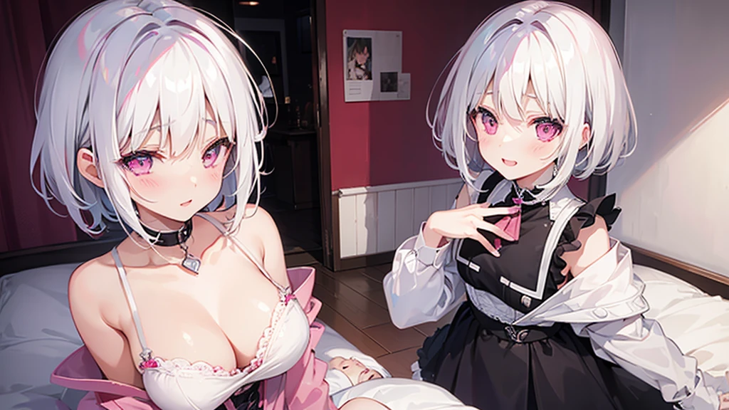 White Hair Girl、Pink Eyes、Short Hair、Only one girl、Night、In the bedroom、Blushing、laughing、Excited、Just One