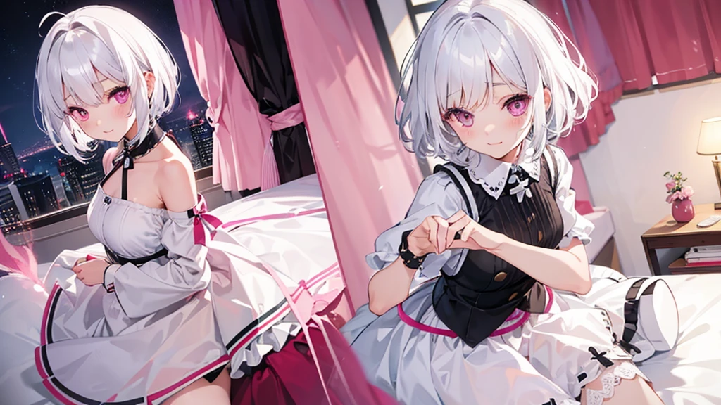 White Hair Girl、Pink Eyes、Short Hair、Only one girl、Night、In the bedroom、Blushing、laughing、Excited、Just One
