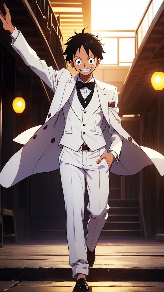 Top Half body, (masterpiece, best quality:1.2), solo, 1boy, Monkey D. Luffy, One piece anime character, black hair, looking at viewer, official art, extremely detailed CG unity 8k wallpaper, perfect lighting, (masterpiece:1.0),(best_quality:1.0), ultra high res,4K,ultra-detailed, photography, 8K, HDR, highres, absurdres:1.2, bokeh:1.2, lens flare, (vibrant_color:1.2), white Tuxedo suit, Groom suit, full body, Gala dinner, lively, happiness, smiling, smart posture