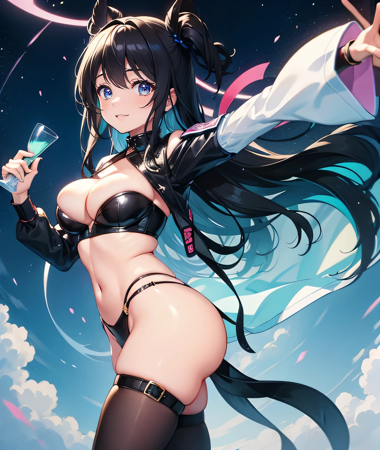 Sexy, excited girl dancing at a rave, colorful background, revealing clothes, holding glow sticks, triple D cup breasts, bubbly ass, round buttocks,