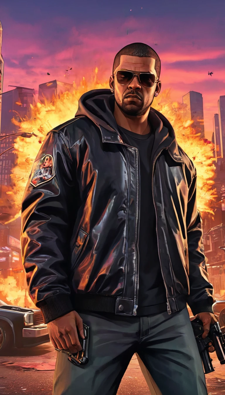 a detailed scene in GTA style, featuring an urban cityscape with high-rise buildings, bustling streets filled with speeding cars and neon-lit signs, a protagonist wearing a black leather jacket and holding a futuristic weapon, surrounded by a gang of armed criminals, intense action with explosions and gunfire, dramatic lighting with deep shadows and vibrant colors, cinematic angles and compositions, realistic textures and materials, capturing the essence of a thrilling open-world adventure (best quality, 4k, highres:1.2), ultra-detailed, realistic:1.37, HDR, street art graffiti, dynamic lighting, gritty atmosphere.