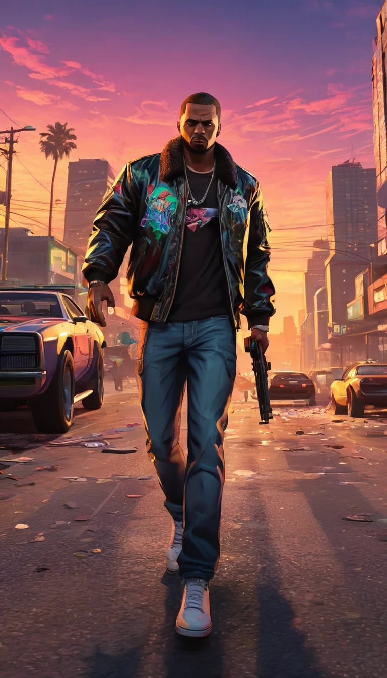 a detailed scene in GTA style, featuring an urban cityscape with high-rise buildings, bustling streets filled with speeding cars and neon-lit signs, a protagonist wearing a black leather jacket and holding a futuristic weapon, surrounded by a gang of armed criminals, intense action with explosions and gunfire, dramatic lighting with deep shadows and vibrant colors, cinematic angles and compositions, realistic textures and materials, capturing the essence of a thrilling open-world adventure (best quality, 4k, highres:1.2), ultra-detailed, realistic:1.37, HDR, street art graffiti, dynamic lighting, gritty atmosphere.