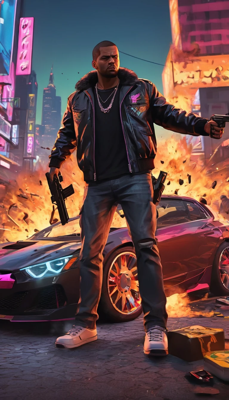 a detailed scene in GTA style, featuring an urban cityscape with high-rise buildings, bustling streets filled with speeding cars and neon-lit signs, a protagonist wearing a black leather jacket and holding a futuristic weapon, surrounded by a gang of armed criminals, intense action with explosions and gunfire, dramatic lighting with deep shadows and vibrant colors, cinematic angles and compositions, realistic textures and materials, capturing the essence of a thrilling open-world adventure (best quality, 4k, highres:1.2), ultra-detailed, realistic:1.37, HDR, street art graffiti, dynamic lighting, gritty atmosphere.