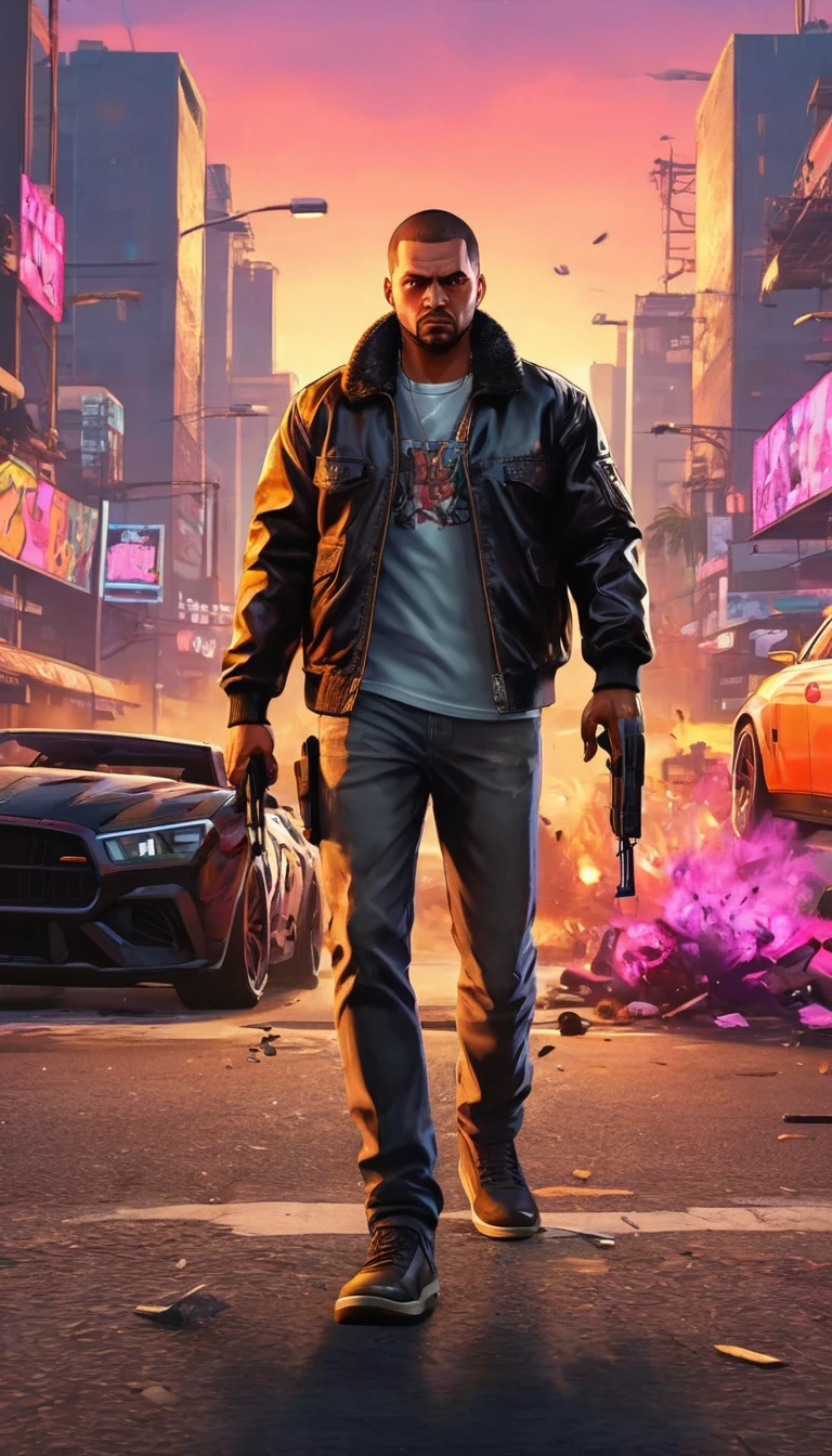 a detailed scene in GTA style, featuring an urban cityscape with high-rise buildings, bustling streets filled with speeding cars and neon-lit signs, a protagonist wearing a black leather jacket and holding a futuristic weapon, surrounded by a gang of armed criminals, intense action with explosions and gunfire, dramatic lighting with deep shadows and vibrant colors, cinematic angles and compositions, realistic textures and materials, capturing the essence of a thrilling open-world adventure (best quality, 4k, highres:1.2), ultra-detailed, realistic:1.37, HDR, street art graffiti, dynamic lighting, gritty atmosphere.