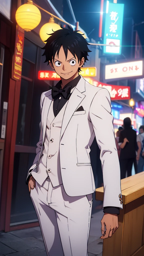 Top Half body, (masterpiece, best quality:1.2), solo, 1boy, Monkey D. Luffy, One piece anime character, black hair, looking at viewer, official art, extremely detailed CG unity 8k wallpaper, perfect lighting, (masterpiece:1.0),(best_quality:1.0), ultra high res,4K,ultra-detailed, photography, 8K, HDR, highres, absurdres:1.2, bokeh:1.2, lens flare, (vibrant_color:1.2), white Tuxedo suit, Groom suit, full body, Gala dinner, lively, happiness, smiling, smart posture
