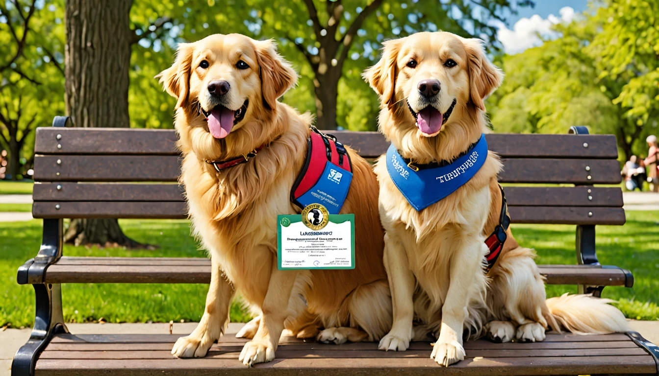 Please generate an image of a proud dog owner holding a therapy dog certification while sitting next to their newly certified therapy dog.

Owner:
- A man in his mid-40s with a proud and happy expression
- Sitting on a bench, holding a framed therapy dog certification in both hands
- Wearing a casual outfit: a blue polo shirt, khaki pants, and brown shoes
- Slightly turning his head to look at the dog beside him

Therapy dog:
- A Golden Retriever sitting next to the owner on the bench
- Wearing a red therapy dog vest with a "Certified Therapy Dog" patch
- Looking directly at the certification held by the owner, with a proud and content expression
- Tail wagging slightly, indicating happiness and excitement

Certification:
- A framed certificate with the title "Therapy Dog Certification" in a elegant font
- The dog's name, owner's name, and certification date are clearly visible on the certificate
- The certificate features a gold seal and the logo of the certifying organization
- The frame is a simple but elegant dark wood design

Background:
- A park setting with green grass, trees, and a paved pathway
- The bench they are sitting on is a classic wooden park bench
- People can be seen in the background, walking their dogs or enjoying the park
- It's a clear, sunny day with a bright blue sky and a few fluffy white clouds

Overall atmosphere:
- Convey a sense of accomplishment, pride, and joy shared between the owner and the therapy dog
- Highlight the strong bond between the owner and the dog, emphasizing the journey they've taken together
- Showcase the significance of the moment, as the certification represents the dog's readiness to serve as a therapy animal
- Create a warm and positive atmosphere that reflects the happiness and satisfaction of both the owner and the dog