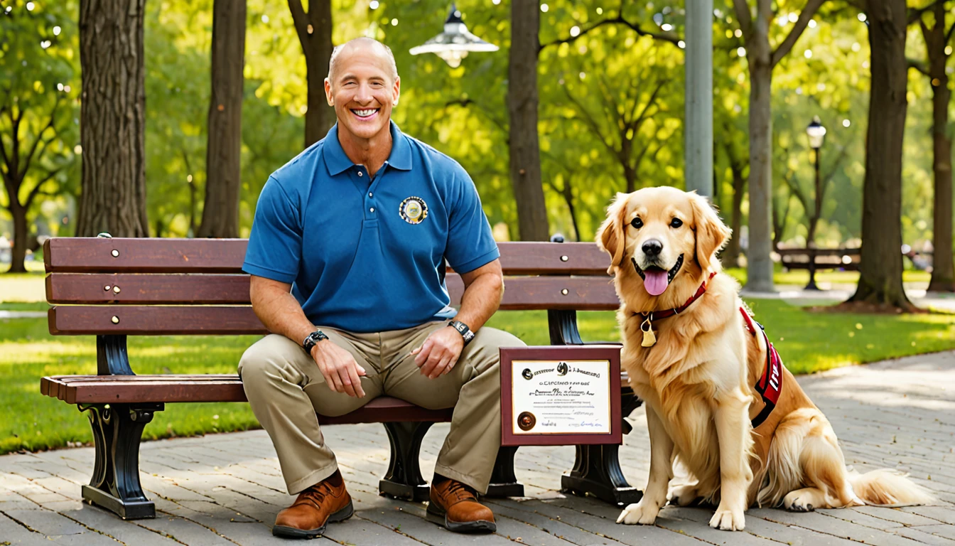 Please generate an image of a proud dog owner holding a therapy dog certification while sitting next to their newly certified therapy dog.

Owner:
- A man in his mid-40s with a proud and happy expression
- Sitting on a bench, holding a framed therapy dog certification in both hands
- Wearing a casual outfit: a blue polo shirt, khaki pants, and brown shoes
- Slightly turning his head to look at the dog beside him

Therapy dog:
- A Golden Retriever sitting next to the owner on the bench
- Wearing a red therapy dog vest with a "Certified Therapy Dog" patch
- Looking directly at the certification held by the owner, with a proud and content expression
- Tail wagging slightly, indicating happiness and excitement

Certification:
- A framed certificate with the title "Therapy Dog Certification" in a elegant font
- The dog's name, owner's name, and certification date are clearly visible on the certificate
- The certificate features a gold seal and the logo of the certifying organization
- The frame is a simple but elegant dark wood design

Background:
- A park setting with green grass, trees, and a paved pathway
- The bench they are sitting on is a classic wooden park bench
- People can be seen in the background, walking their dogs or enjoying the park
- It's a clear, sunny day with a bright blue sky and a few fluffy white clouds

Overall atmosphere:
- Convey a sense of accomplishment, pride, and joy shared between the owner and the therapy dog
- Highlight the strong bond between the owner and the dog, emphasizing the journey they've taken together
- Showcase the significance of the moment, as the certification represents the dog's readiness to serve as a therapy animal
- Create a warm and positive atmosphere that reflects the happiness and satisfaction of both the owner and the dog