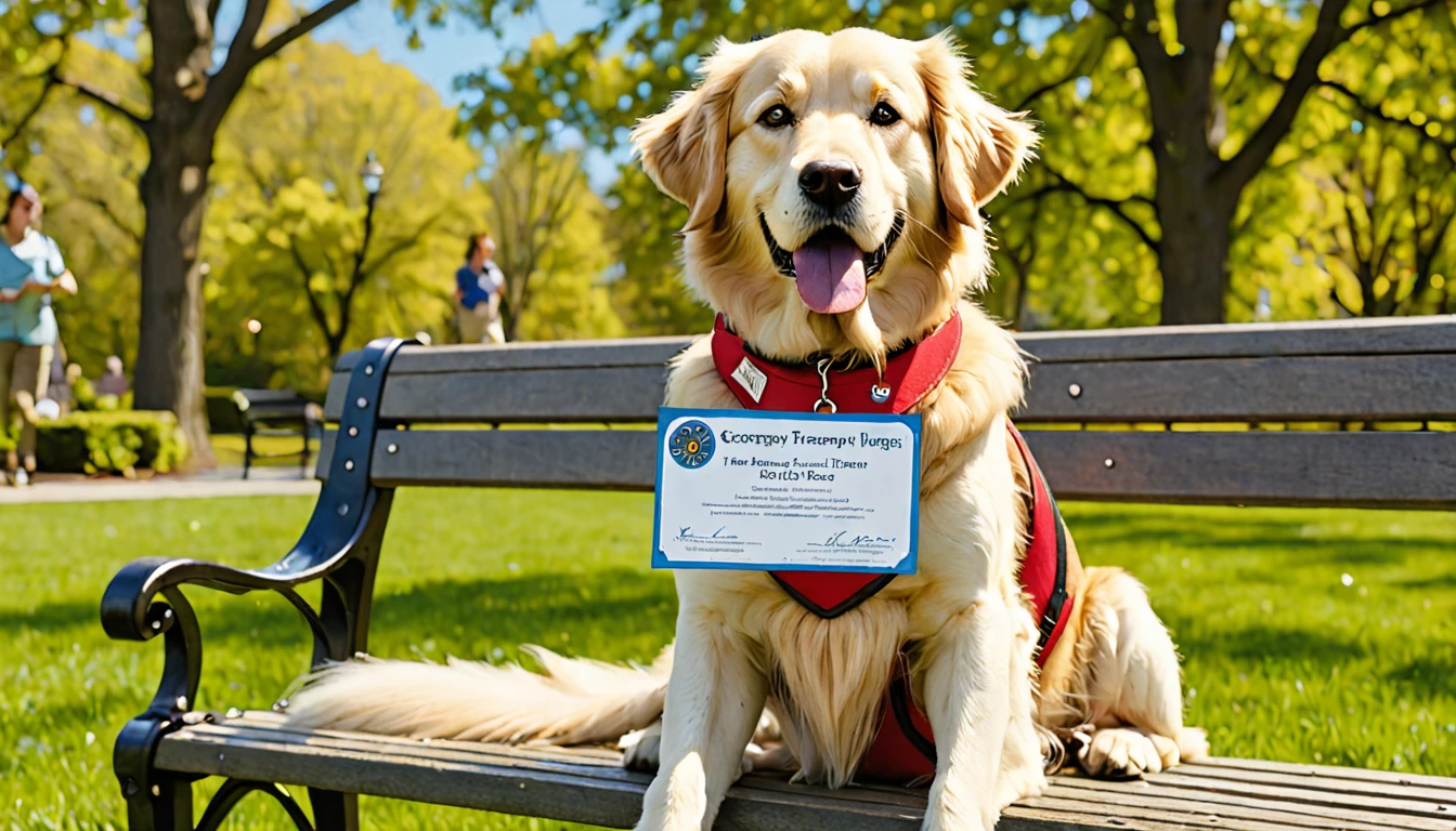 Please generate an image of a proud dog owner holding a therapy dog certification while sitting next to their newly certified therapy dog.

Owner:
- A man in his mid-40s with a proud and happy expression
- Sitting on a bench, holding a framed therapy dog certification in both hands
- Wearing a casual outfit: a blue polo shirt, khaki pants, and brown shoes
- Slightly turning his head to look at the dog beside him

Therapy dog:
- A Golden Retriever sitting next to the owner on the bench
- Wearing a red therapy dog vest with a "Certified Therapy Dog" patch
- Looking directly at the certification held by the owner, with a proud and content expression
- Tail wagging slightly, indicating happiness and excitement

Certification:
- A framed certificate with the title "Therapy Dog Certification" in a elegant font
- The dog's name, owner's name, and certification date are clearly visible on the certificate
- The certificate features a gold seal and the logo of the certifying organization
- The frame is a simple but elegant dark wood design

Background:
- A park setting with green grass, trees, and a paved pathway
- The bench they are sitting on is a classic wooden park bench
- People can be seen in the background, walking their dogs or enjoying the park
- It's a clear, sunny day with a bright blue sky and a few fluffy white clouds

Overall atmosphere:
- Convey a sense of accomplishment, pride, and joy shared between the owner and the therapy dog
- Highlight the strong bond between the owner and the dog, emphasizing the journey they've taken together
- Showcase the significance of the moment, as the certification represents the dog's readiness to serve as a therapy animal
- Create a warm and positive atmosphere that reflects the happiness and satisfaction of both the owner and the dog