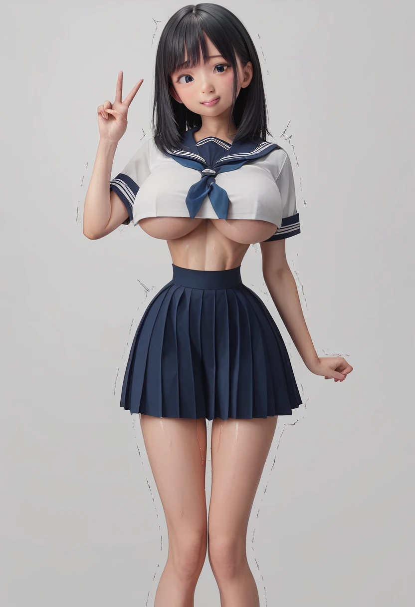 (masterpiece, best quality:1.2), front shot, 1girl, kawaii, (super big breasts, micro waist, very long legs:1.4), Black hair, (medium hair), short height, scrawny and thin body, tiny cute face, overjoyed, serafuku, pigeon-toed, wet and sweaty, big visible ribs, sex with ejaculating super big penis ugly man, Cowgirl position, V sign, Trembling