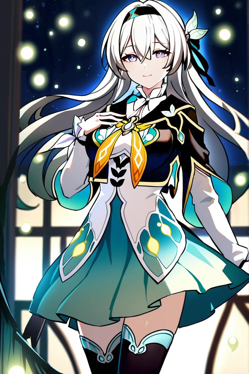 1girl, firefly \(honkai: star rail\), solo, black thighhighs, hairband, gradient skirt, hair ornament, blouse, frilled collar, cropped jacket, yellow neckerchief, cowboy shot, standing, floating hair, depth of field, hand on own chest, crying with eyes open, light smile, bokeh, fireflies, night , masterpiece, best quality, high quality, highres, ultra-detailed,