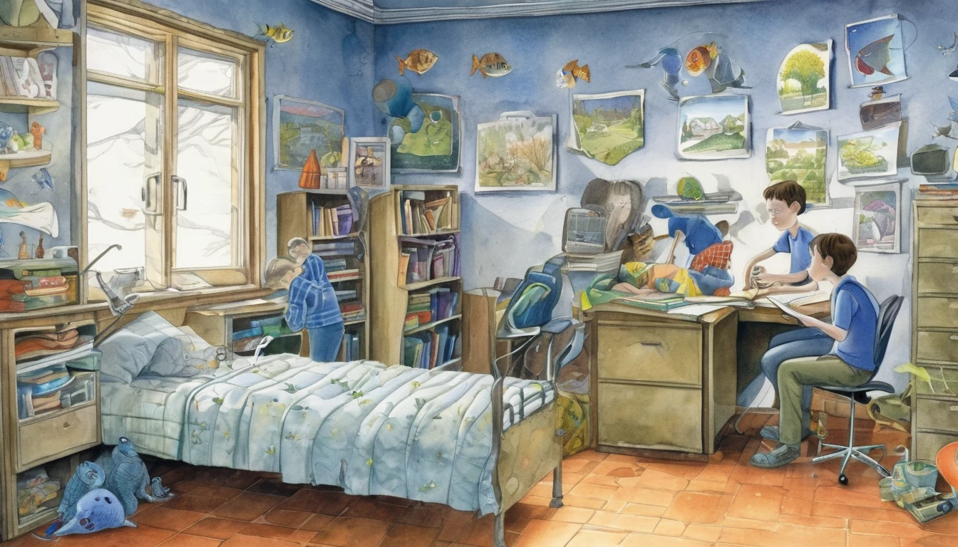 Create an illustration in the style of David Wiesner, the American illustrator, depicting an autistic teenager who uses his specialized knowledge to help improve the mental health of several left-behind children. The illustration should reflect the power of knowledge and the value of education.