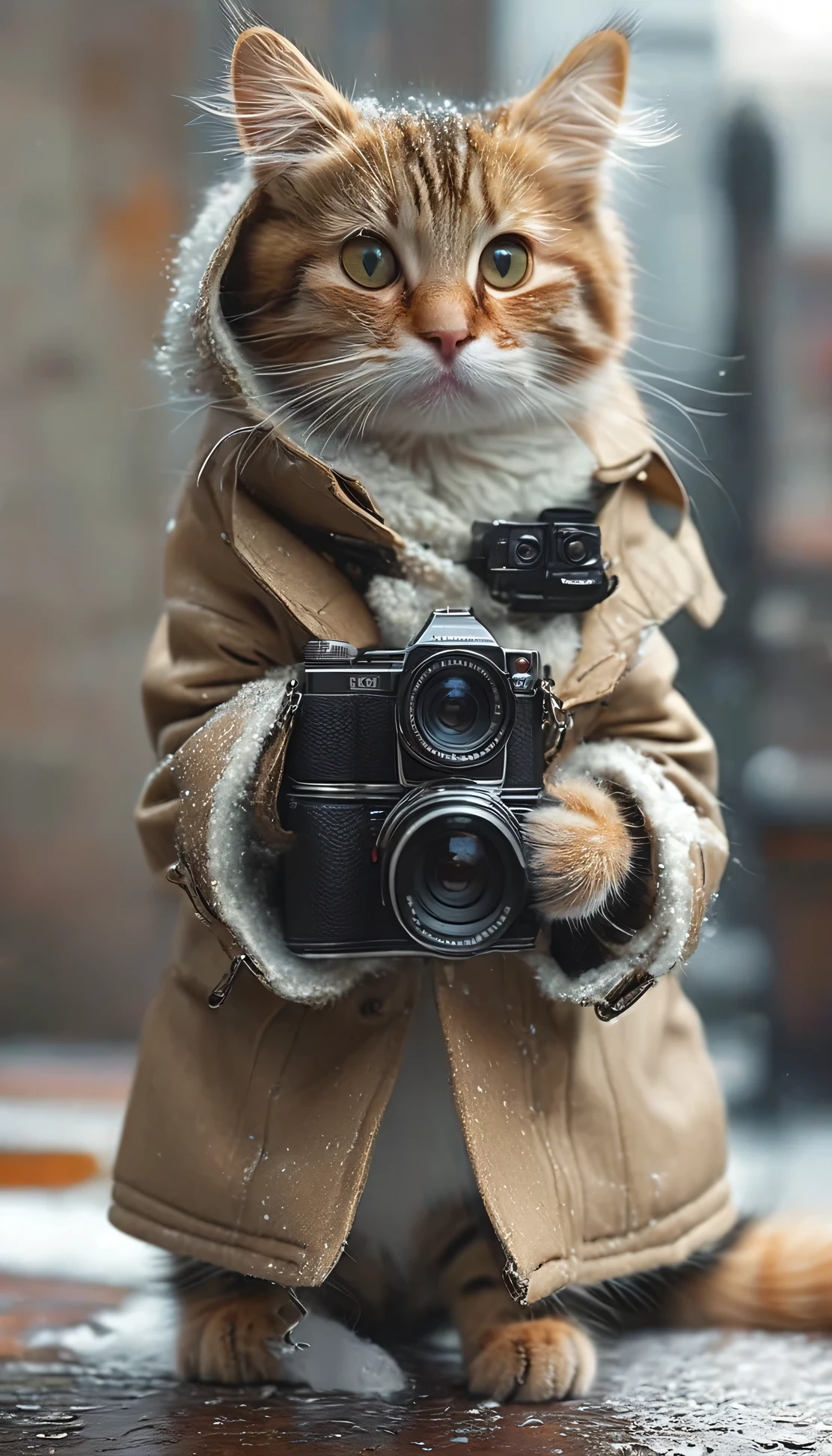 There is a cat wearing a coat and holding a camera., Cat Picturesgraphy, looking at the camera!!!, Cat Pictures, !! Looking into the camera!!, Looking into the camera, Looking at the camera, Looking into the camera, looking at the camera, Looking into the camera, Ultra-realistic photos, Looking into the camera, Highly realistic photos, Very accurate pictures