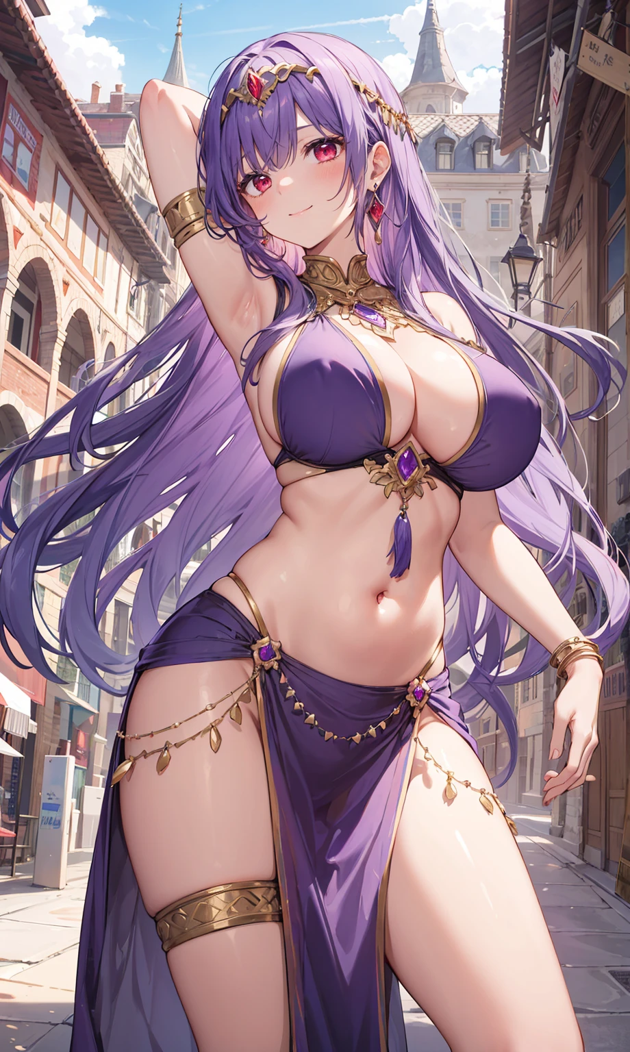 high quality, ultra detailed, best quality, insanely detailed, beautiful, masterpiece, 1girl, medieval plaza, cowboy shot, red eyes, long hair, purple hair, belly dancer, circlet, earrings, armlets, bracelets, bashful smile, large breasts, cleavage, soft stomach