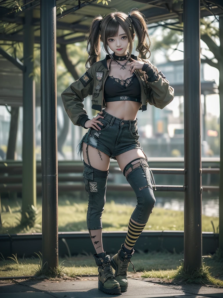 (Hostess:1.3)、(Smiling with teeth showing:1.3),(Shibuya Gal:1.5)、(Landmine Girl:1.4)、(ta Fashion:1.5)、(Punk RockVisual Kei:1.4)、(A modern short jacket in dark grey and moss green.:1.5)、(Tattered brown and charcoal denim low rise cargo pants:1.5)、(Mustard Yellow Headband:1.3)、(Charcoal and khaki striped knee socks:1.4)、collar、(Brown platform long boots)、(Clothing with logo pattern:1.4)、20-year-old、Browsing Caution,((Highest quality、In 8K、masterpiece:1.3))、Sharp focus:1.2、(Layered Cut、Huge breasts:1.1),Beautiful woman with perfect figure:1.4、(Doing an aerobics pose:1.3)、Slim Abs:1.2、Butt、Highly detailed face and skin texture、Fine grain、double eyelid,(Twin tails:1.3)、(Brownish golden hair:1.3)、Obscene、Idol Sculpture、(The landscape is a beautiful temple of water and forest:1.3)、(Slimming your legs:1.4)、(The body is slim:1.3)、(clavicle:1.1)