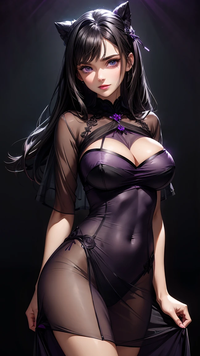 vector image, vibrant colours, smooth gradation, best quality, masterpiece, absurdres, ((isolated)), (dark black background), (detailed face and eyes:1.2), smirking, detailed beautiful eyes, eyelashes, glossy full lips, sensual, volumetric lights, medium shot, ((half body shot)), bursting out breasts, busty, full cleavage, curvaceous, ((())), thin tight satin dress, (((sheer see-through dress))), |BREAK| (((purple tinted lighting))), smokey eyes