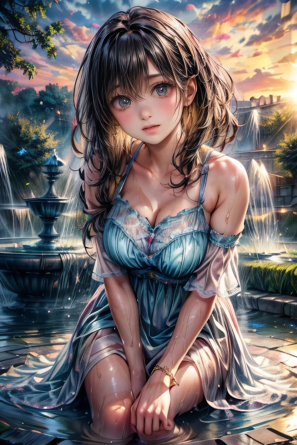 realistic detailed high quality photography, ultra-realistic, photorealistic:1.37, through bangs, 1girl, beautiful young girl, barefoot in a park, water fountain, water splashing, playing in water, rainbow, detailed facial features, long lashes, gorgeous eyes, delicate lips, wet hair, cute schooluniform, natural lighting, golden hour, lush greenery, detailed water droplets, splashing water, colorful rainbow, serene atmosphere, enchanting, magical, dreamlike,sfw:1.2,nijistyle,cute girl,woman
