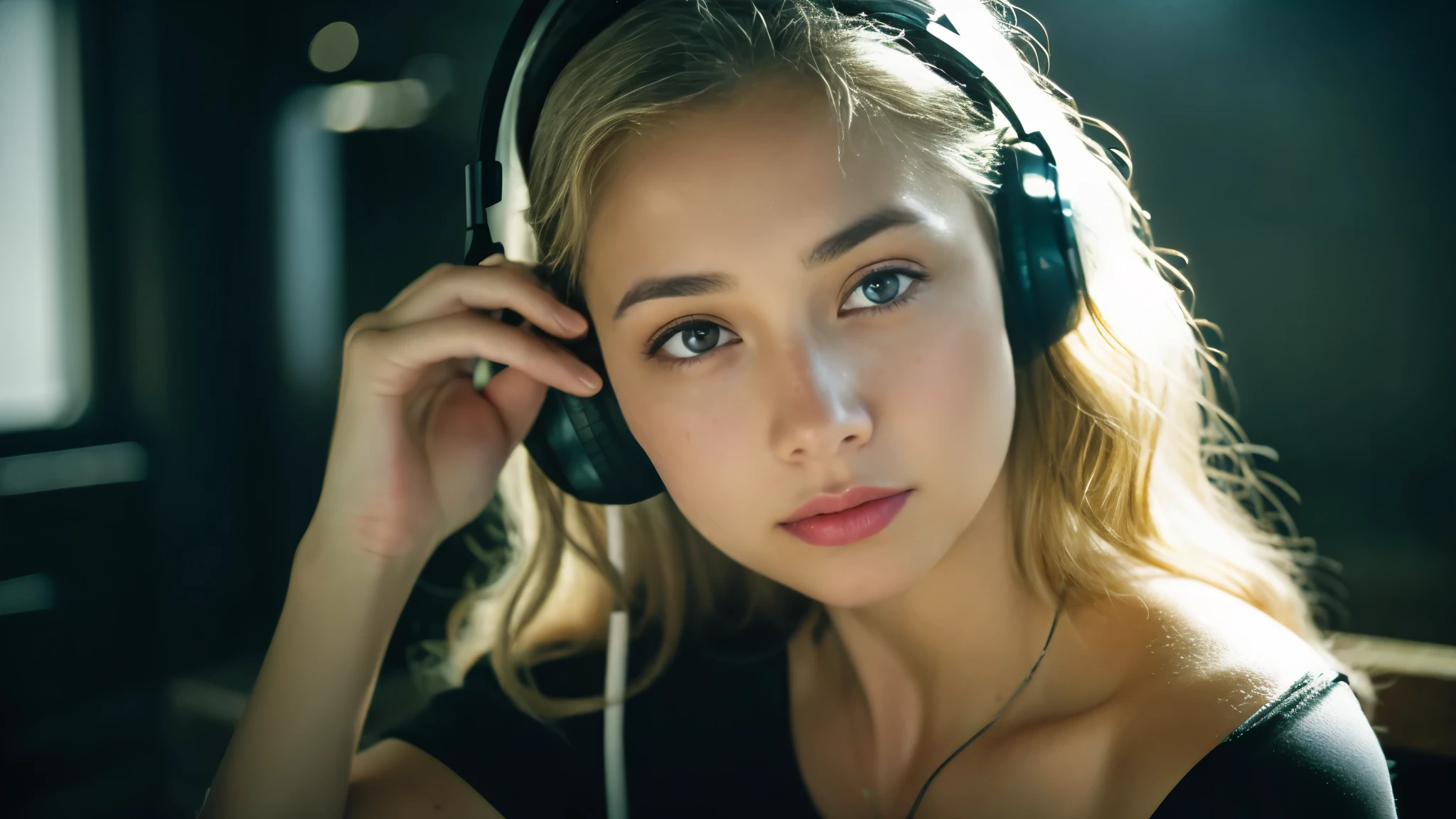 Beautiful blonde with big breasts in a black T-shirt (Sitting in tears in the dark ruins),Wearing headphones,Very detailed, 21 years old, Innocent face, Naturally Wavy Hair, blue eyes, High resolution, masterpiece, Highest quality, Intricate details, Very detailed, Clear focus, Delicate skin, practical skin texture, texture, Delicate eyes, Professional, 4K, Sad crying face, Shot with Canon, 85mm, Shallow and deep,  Kodak Vision Color, Exactly, Very detailed, photograph_\(Extremist\), photographpractical, practical, Post-processing, Maximum details, Roughness, Real Life, Extremist practical, Photorealism, photographgraphy, 8K Ultra HD, photographgraphy