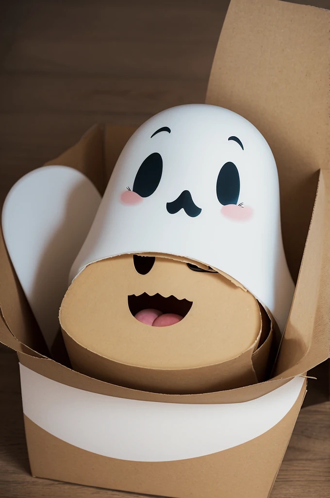 A ghost ((Cartoon)) with a bad face, carrying a box of round cheese with both hands 