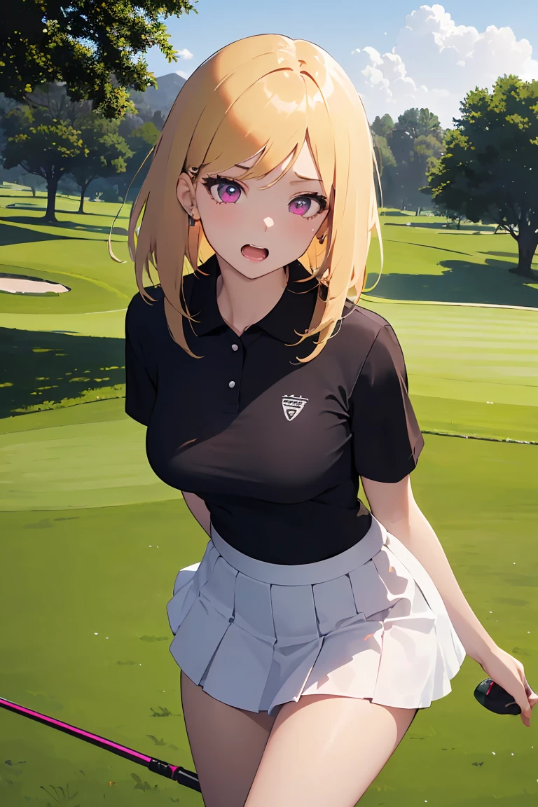 masterpiece, absurdres, best quality, ultra detailed, high Resolution, detailed illustration, bright colour, (extremely beautiful detailed face and eyes, Delicate beautiful face, 1 girl, cute face:1.3), (magenta eyes:1.1), sparkling eyes, big eyes, medium breasts, (perky breasts:1.1), (pointy breasts:1.1), medium hips, glamorous body, white skin, BREAK, long bob cut, (blonde hair:0.8), messy hair, detailed hair, shiny hair, BREAK (Polo shirt, down blouse, skinny middle skirt:1.3), perfect lighting, (embarrassed:1.3), (ecstasy, vulgarity:1.5), (trembling:0.8), Golf course, Playing golf, Golf club, From below, 