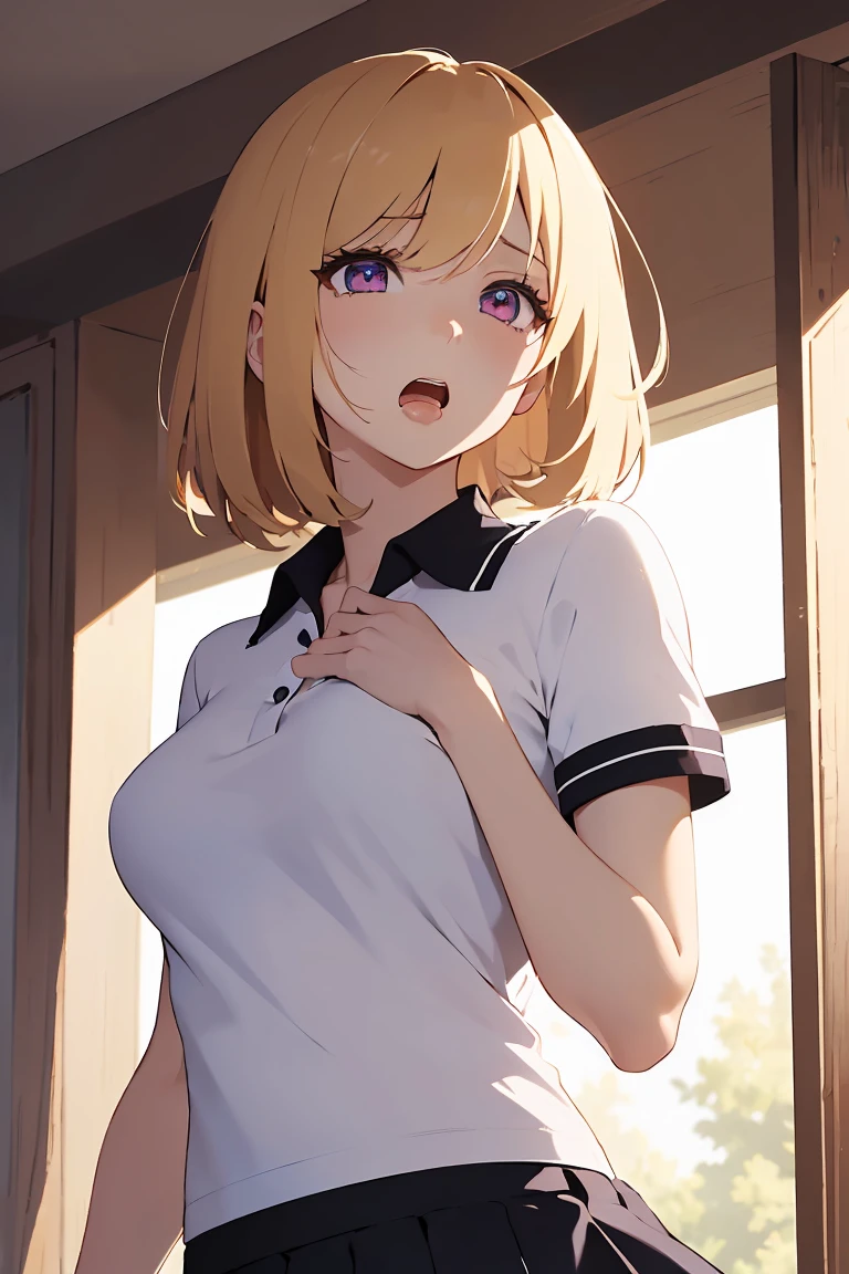 masterpiece, absurdres, best quality, ultra detailed, high Resolution, detailed illustration, bright colour, (extremely beautiful detailed face and eyes, Delicate beautiful face, 1 girl, cute face:1.3), (magenta eyes:1.1), sparkling eyes, big eyes, medium breasts, (perky breasts:1.1), (pointy breasts:1.1), medium hips, glamorous body, white skin, BREAK, long bob cut, (blonde hair:0.8), messy hair, detailed hair, shiny hair, BREAK (Polo shirt, down blouse, skinny middle skirt:1.3), perfect lighting, (embarrassed:1.3), (ecstasy, vulgarity:1.5), (trembling:0.8), Golf course, Playing golf, Golf club, From below, 