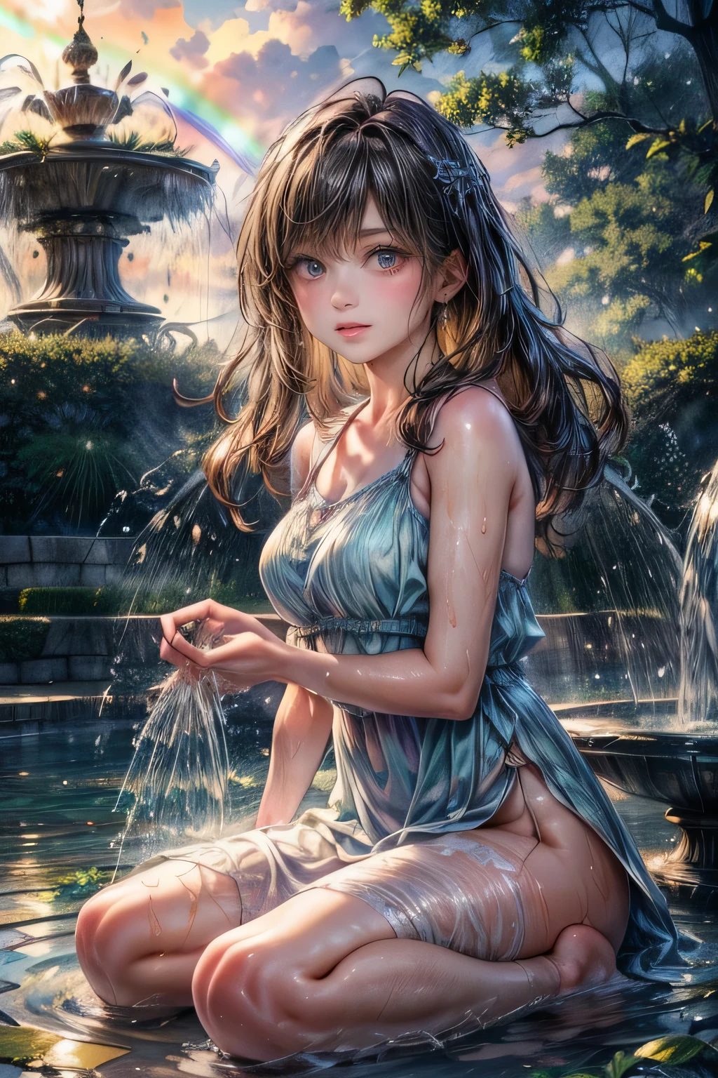 realistic detailed high quality photography, ultra-realistic, photorealistic:1.37, through bangs, 1girl, beautiful young girl, barefoot in a park, water fountain, water splashing, playing in water, rainbow, detailed  features, long lashes, gorgeous eyes, delicate lips, wet hair, cute schooluniform, natural lighting, golden hour, lush greenery, detailed water droplets, splashing water, colorful rainbow, serene atmosphere, enchanting, magical, dreamlike,sfw:1.2,nijistyle,cute girl,woman