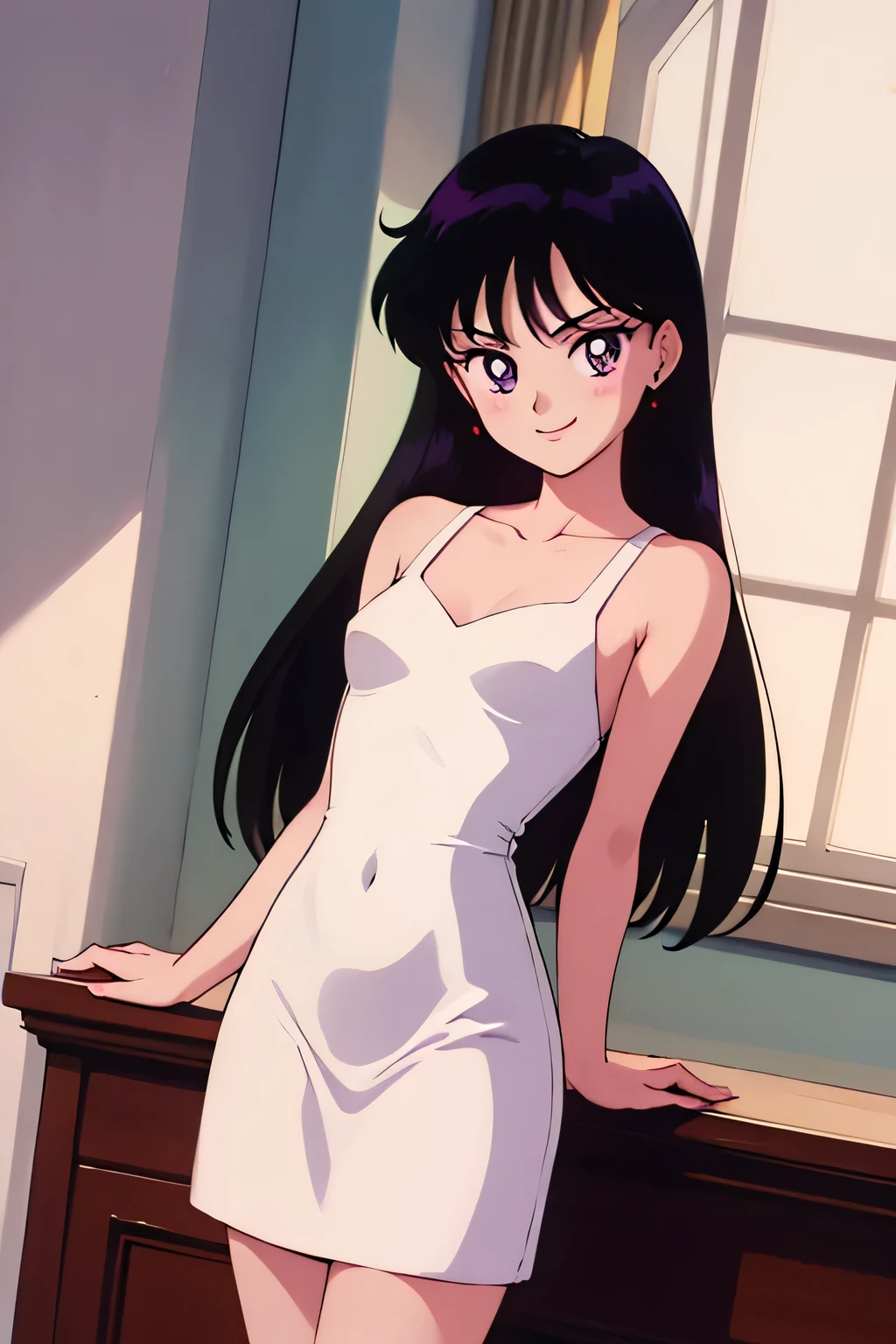 1 girl, solo, Rei Hino, Long Black Hair, Purple eyes, bare shoulders, a very short and tight white dress, low-cut dress, small breast, smile, ballroom, columns, cowboy shot, facing viewer, absurdres, ultra detailed, masterpiece, best quality, r, window of a purple sundown