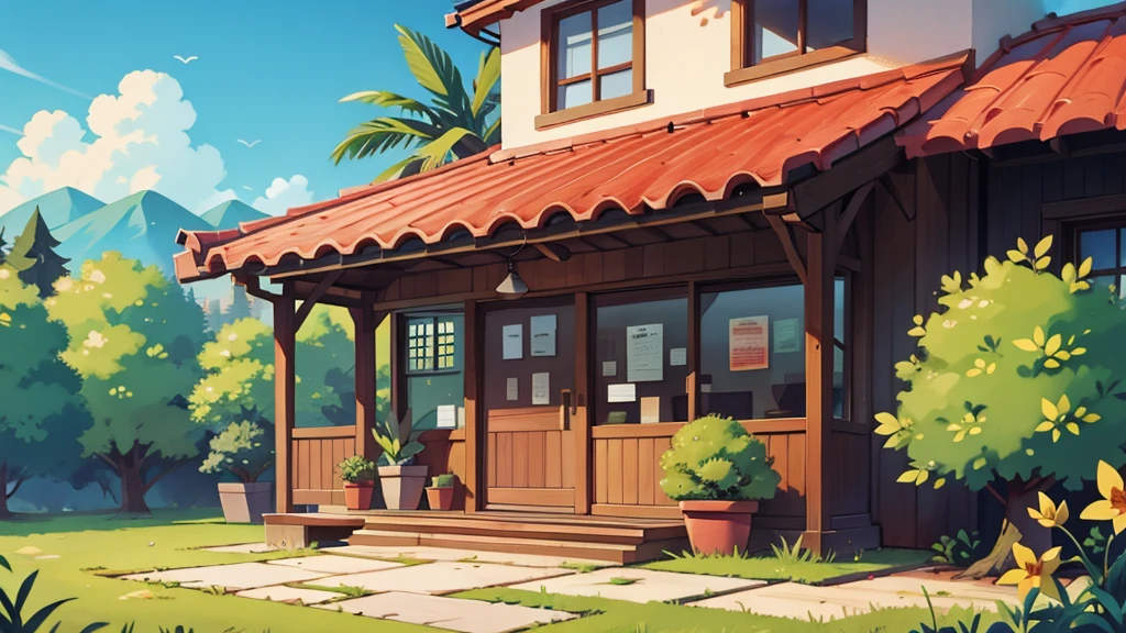 there is a building, bright sunny, some plants, 正面