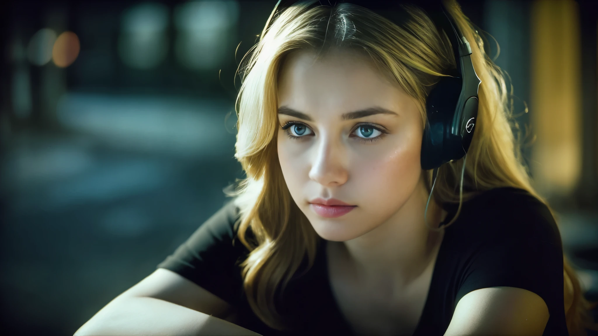 Beautiful blonde with  in a black T-shirt (Sitting in tears in the dark ruins),Wearing headphones,Very detailed, 21 years old, Innocent face, Naturally Wavy Hair, blue eyes, High resolution, masterpiece, Highest quality, Intricate details, Very detailed, Clear focus, Delicate skin, practical skin texture, texture, Delicate eyes, Professional, 4K, Sad crying face, Shot with Canon, 85mm, Shallow and deep,  Kodak Vision Color, Exactly, Very detailed, photograph_\(Extremist\), photographpractical, practical, Post-processing, Maximum details, Roughness, Real Life, Extremist practical, Photorealism, photographgraphy, 8K Ultra HD, photographgraphy
