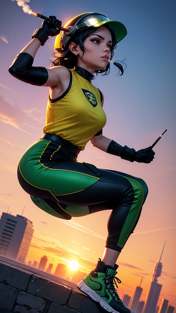 A City with a beautiful sunset with a Wonderful Beautiful Adult Woman with black hair and green eyes and wearing Sneakers, Aerodynamic Jumpsuit, Helmet with visor Gloves with protective pads, jewelry and elbow pads, Short Cover and Logo and Emblem with the Power to fly in just 75% levitating and smoking a cigarette and staring at the camera