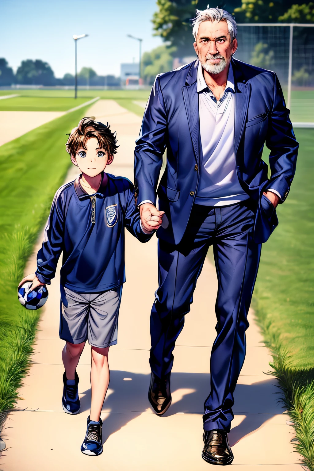 A father brings his child home from the soccer field, father and son walking on their way home ,UHD, anatomically correct, best quality, masterpiece, award winning, detailed face, better hands