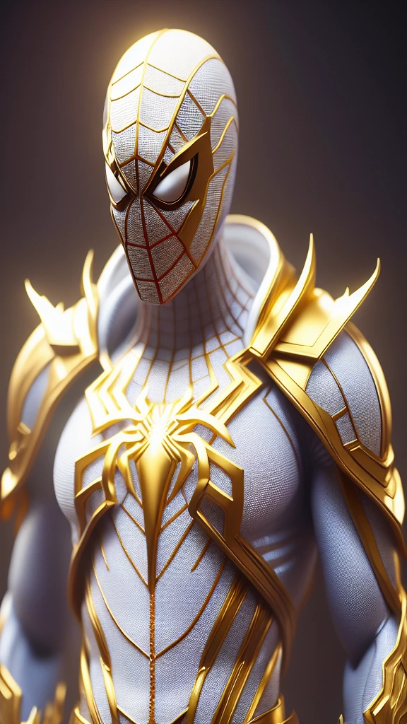 a close up of a statue of a man with a gold and white costume, super detailed render, 3 d render character art 8 k, intricate white and gold armor, full samurai armor spiderman, high detail iconic character, 8k render”, octane render ”, octane render”, super detailed octane render, super rendered in octane render, hyper detailed 3 d render, futuristic style spiderman