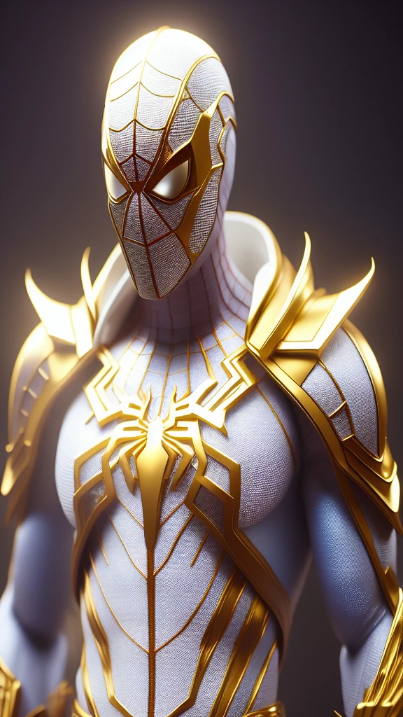 a close up of a statue of a man with a gold and white costume, super detailed render, 3 d render character art 8 k, intricate white and gold armor, full samurai armor spiderman, high detail iconic character, 8k render”, octane render ”, octane render”, super detailed octane render, super rendered in octane render, hyper detailed 3 d render, futuristic style spiderman