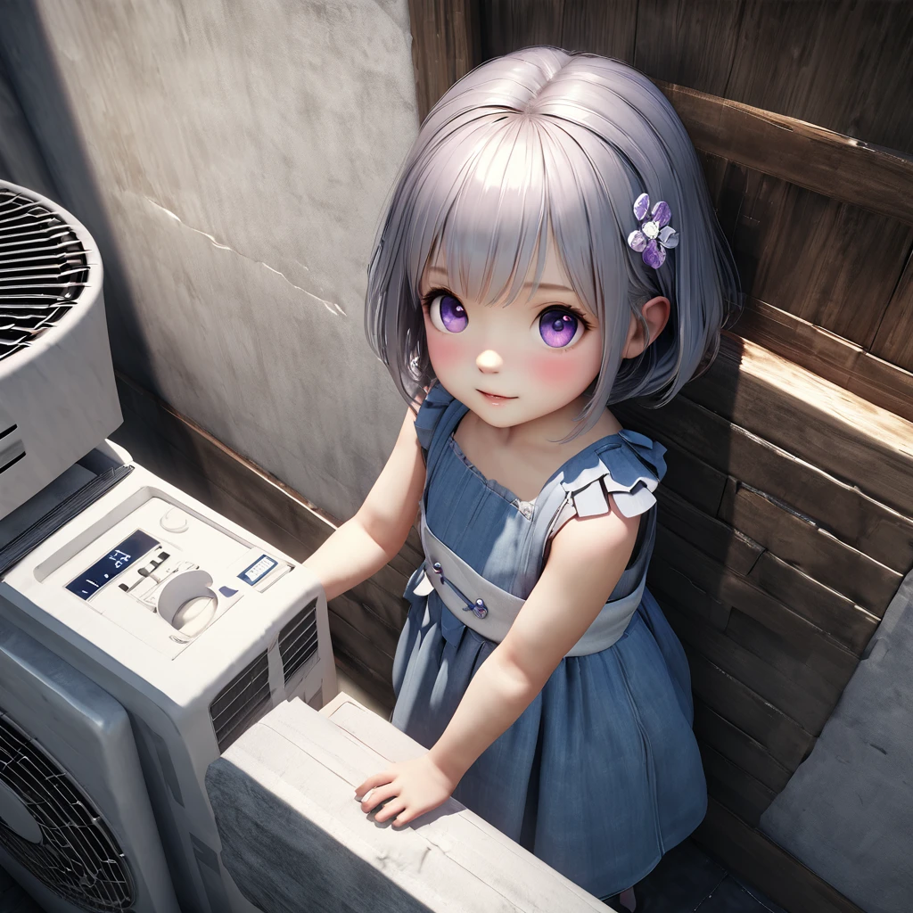 masterpiece, Highest quality, Very detailed, High resolution, An expensive solution, High resolution, 4K, 8K, ユニティ 8K 壁紙, Very detailed CG, masterpiece, Realistic, 2D, 3d, Beautiful details, depth, Fine texture, Super quality: 1.3, Fully focused, Crispy.skin, .he, Very cute anime girl about , Expensive silver short hair, Girl about 3 years oldetty blue dress, blush, Mole, Part your lips, hair ornaments, heart, Purple eyes、Hold a condom in your mouth、A defiant smile、Pulling up my skirt in a dimly lit back alley、Sit on the air conditioner's outdoor unit、Crotch close-up、Angle from below、underwear、Translucent slip、Spread your legs、Looking down from above