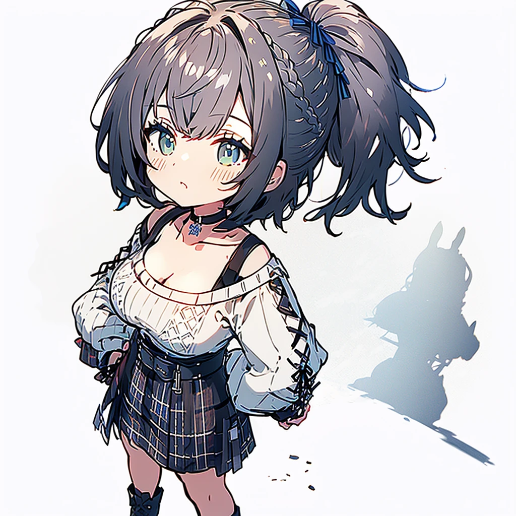 masterpiece, best quality, highres, ccnoel, short hair, french braid, hair ribbon, black choker, collarbone, cleavage, off-shoulder sweater, white sweater, plaid skirt, street, cowboy shot, standing,
