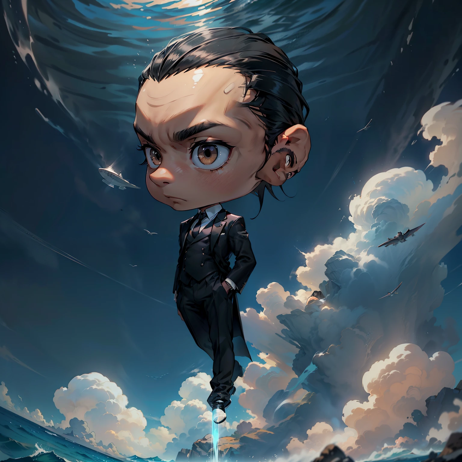 boys 26 Years old, juvenile, Serious face, brown eyes, black hair, long hair, brown eyes, muscular, ((hands cross behinds back)), wearing ((black long suit with white shirt, black tie,), black highcut boots, levitated on air, ocean, blue sky, cloudy 