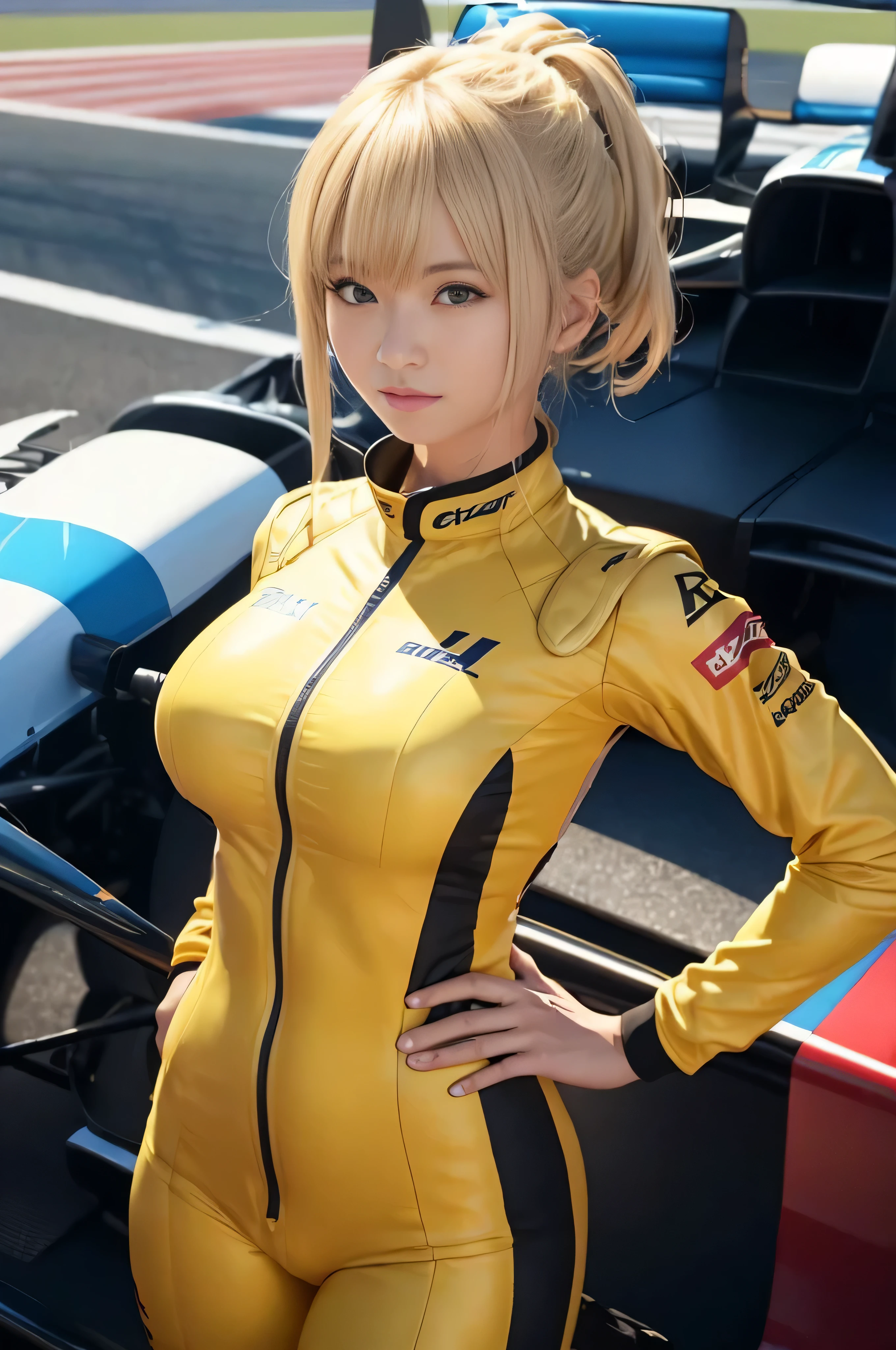 (Raw quality:1.4)、8K resolution、Ultra-high-definition CG images、Japan female racer in yellow racing suit standing in front of a blue formula car F1 キー circuit Blonde Short Hair Monaco Grand Prix Standing with arms crossed Cleavage People Shooting Portrait