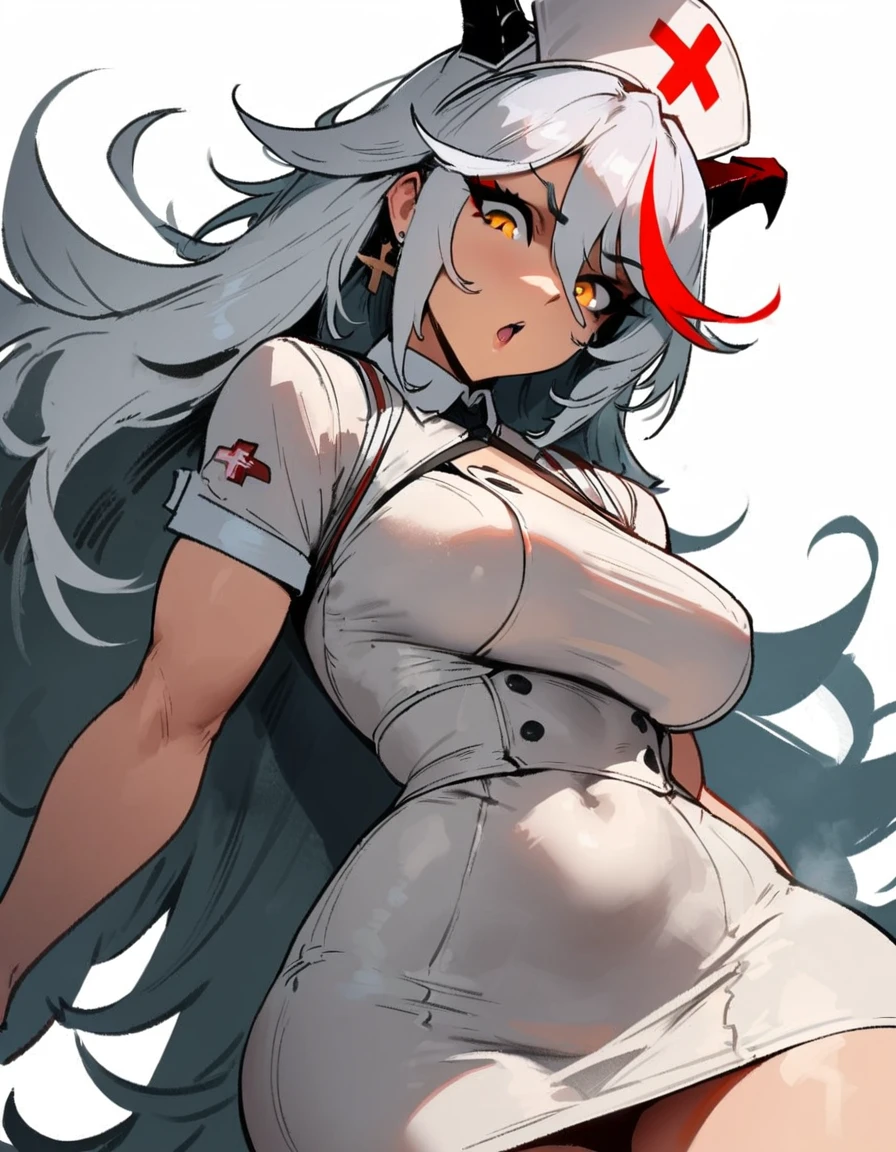 1girl, aegir \(azur lane\), azur lane \\\\\ masterpiece, best quality, very aesthetic, absurdres, newest \\\\\\ sportive body,  \\\\\\ by nyantcha,,by cutesexyrobutts,by khyle ///// white hair with a single prominent red streak, black horns, yellow eyes,  , white (nurse outfit:1.2), skirt, , white pencil skirt, nurse cap, , , a red cross on the cap, standing, (white background:1.2)