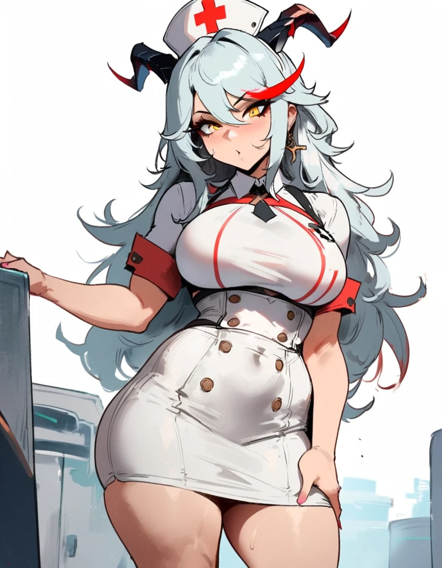 1girl, aegir \(azur lane\), azur lane \\\\\ masterpiece, best quality, very aesthetic, absurdres, newest \\\\\\ sportive body,  \\\\\\ by nyantcha,,by cutesexyrobutts,by khyle ///// white hair with a single prominent red streak, black horns, yellow eyes,  , white (nurse outfit:1.2), skirt, , white pencil skirt, nurse cap, , , a red cross on the cap, standing, (white background:1.2)