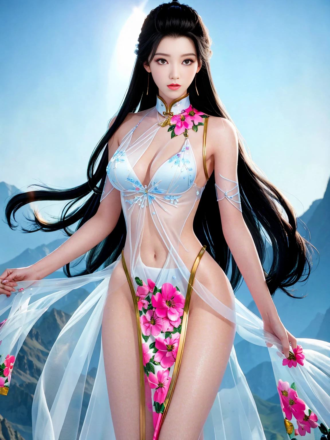 Top quality, masterpiece, high resolution, Chinese,,,,,,mountain peak,,,,,,,,,,,,naked,,stand erect,,1girl, charming appearance and personality, big body, extremely sexy, ,,,,Floral print ,, ,Floral print,, Light yellow floral fragments,,(transparent ), large hollow see-through, beautiful and delicate face, (desire figure) perfect slim figure (nipple slip: 0.5), perfect white skin,stand erect,,Smooth black long hair