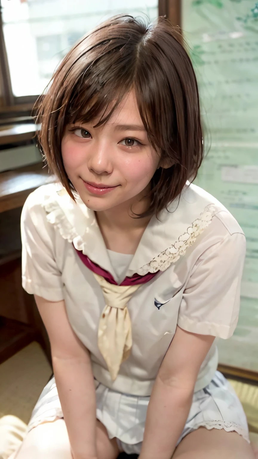 (Realistic、Like a photograph、Live Action、8K, Realistic, RAW Photos, Best image quality: 1.4), Single-lens reflex camera、RAW Photos, Highest quality, Realistic, Very detailedな CG Unity 8K 壁紙, Written boundary depth, Cinematic Light, Lens flare, Ray Tracing, Realistic background、One person:1.4、((Japanese schoolgirl:1.3、Uni shape skirt:1.3)、Big Breasts)、((Ultra-Dense Skin))、 1 female、(Sitting with legs crossed、Sit on the floor with your knees up、Cute high school girl squatting、Squat down and see panties)、(Detailed white lace panties:1.5)、((Girls sitting in a school classroom、Skirt flipped up、(whole body:1.5)、Smiling at school in Japan))、Pink inner color hair、short hair:1.2、tie your hair with a hair clip、I like that style、stylish、Very detailed、Pay attention to the details、Perfect outfit、(Sunburned skin)、Beautiful legs:1.1、View from below the front