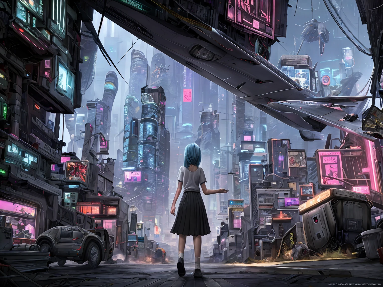 (masterpiece:1.2), best quality, highres, original, (extremely detailed:1.2), ultra-detailed, wallpaper, perfect lighting,(extremely detailed CG:1.2), 8k, anime illustration, 1boy, cross-dressing, long hair, light-blue hair, (cyberpunk fashion, short-sleeved T-shirt, knee-length skirt, lace hemline, delicate clothes:1.2), flying a high-tech aircraft, futuristic city background, sci-fi city, (anatomically correct: 1.3)