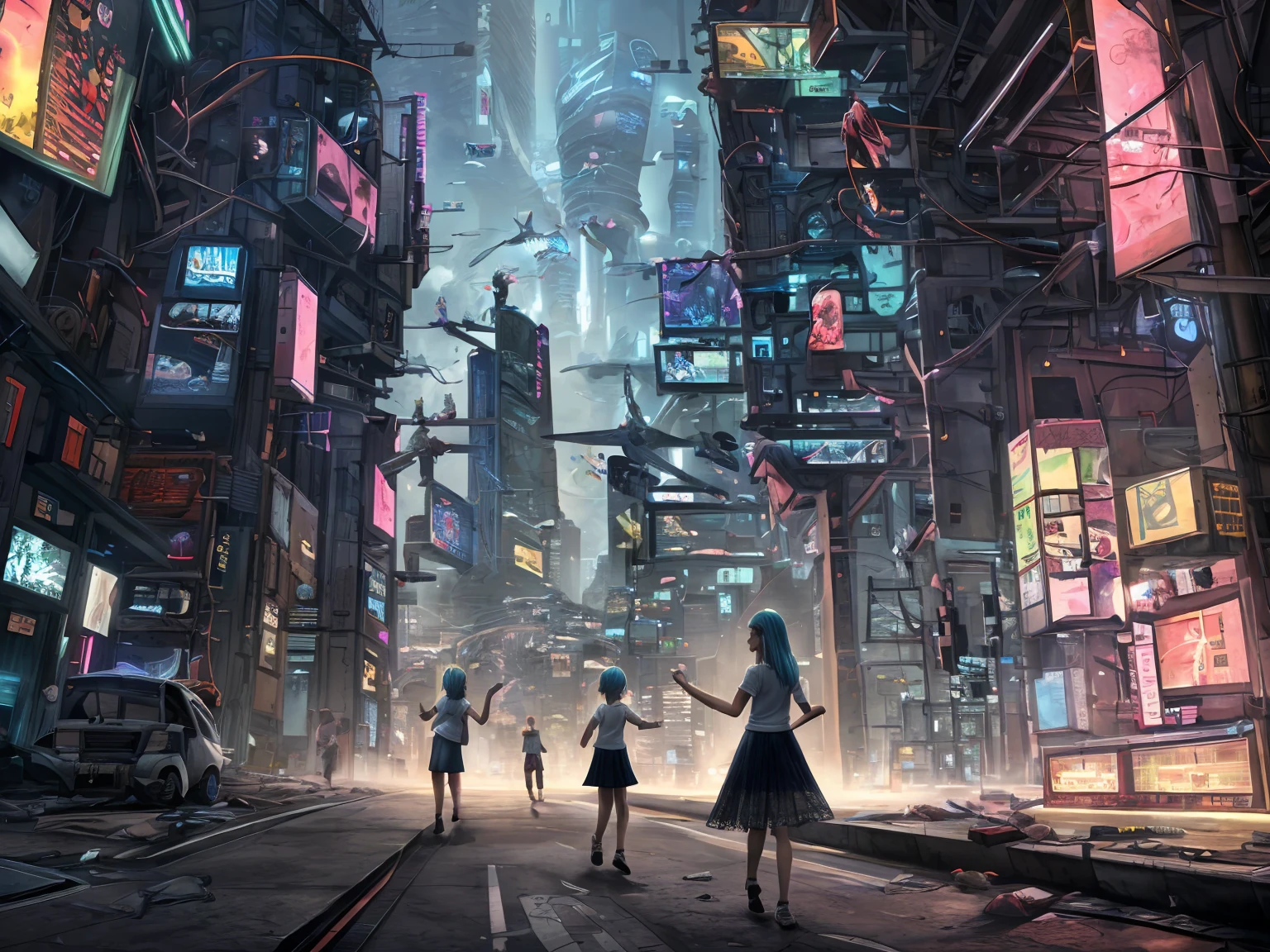 (masterpiece:1.2), best quality, highres, original, (extremely detailed:1.2), ultra-detailed, wallpaper, perfect lighting,(extremely detailed CG:1.2), 8k, anime illustration, 1boy, cross-dressing, long hair, light-blue hair, (cyberpunk fashion, short-sleeved T-shirt, knee-length skirt, lace hemline, delicate clothes:1.2), flying a high-tech aircraft, futuristic city background, sci-fi city, (anatomically correct: 1.3)