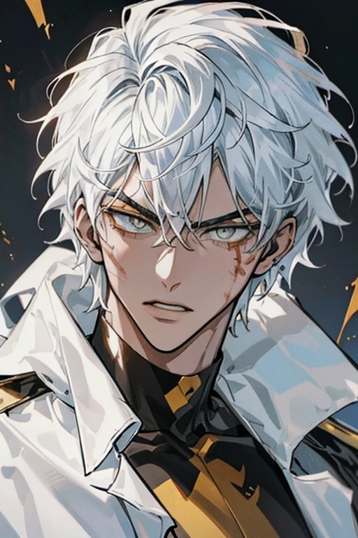 Manhwa Arte Europeo, 25-year-old male, Messy hair on the headboard, jet white hair, piercing eyes, Thick eyebrows, yellow  eyes, blood dripping from your mouth, threatening, sexually, sensuous,  Sharp chin, piercing look, Cold and mysterious character, 8K, detailed features, Very beauthful
