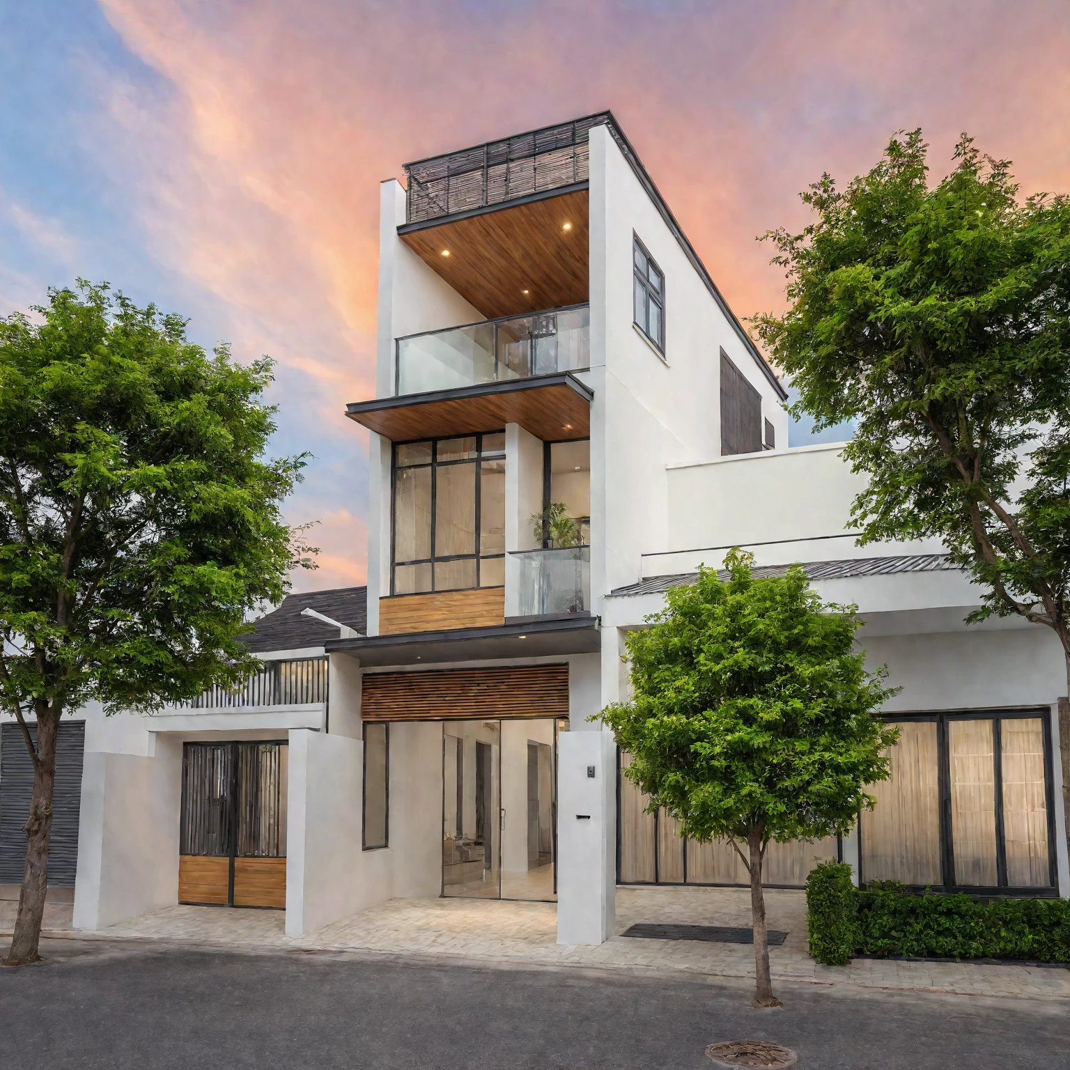 Masterpiece, high quality, best quality, authentic, super detail, outdoors, house style modern, bietthuhn, white wall, glass windows, gate road, pavement, grass, trees, Beautiful_sky, SUNSET, (day:1.1), realistic lighting