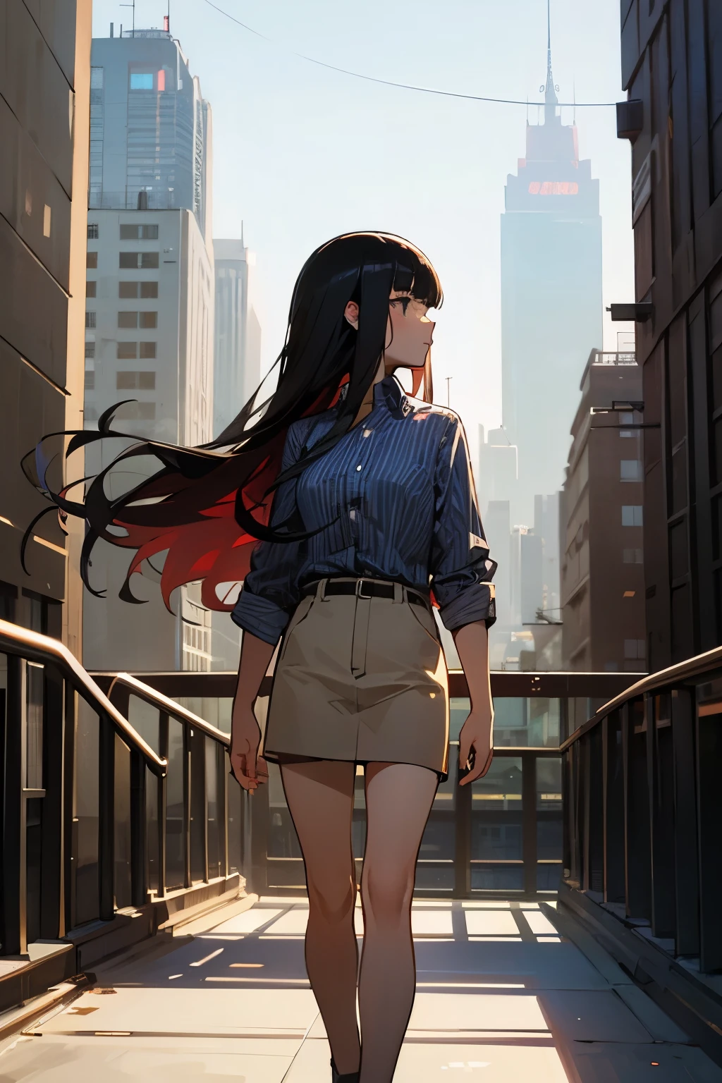 (masterpiece, best quality:1.5), brightering light, beautiful eyes, ultra detailed face,  
BREAK 1girl, long hair, black hair, straight hair, blunt bangs, serious, (looking away:1.2), 
BREAK  button-down shirt, stripe,  
BREAK standing in front of skyscrapers, (cityscape background), (daytime), (slight breeze), ((perfect anatomy)), ((detailed hair)), (professional look), (urban setting),
