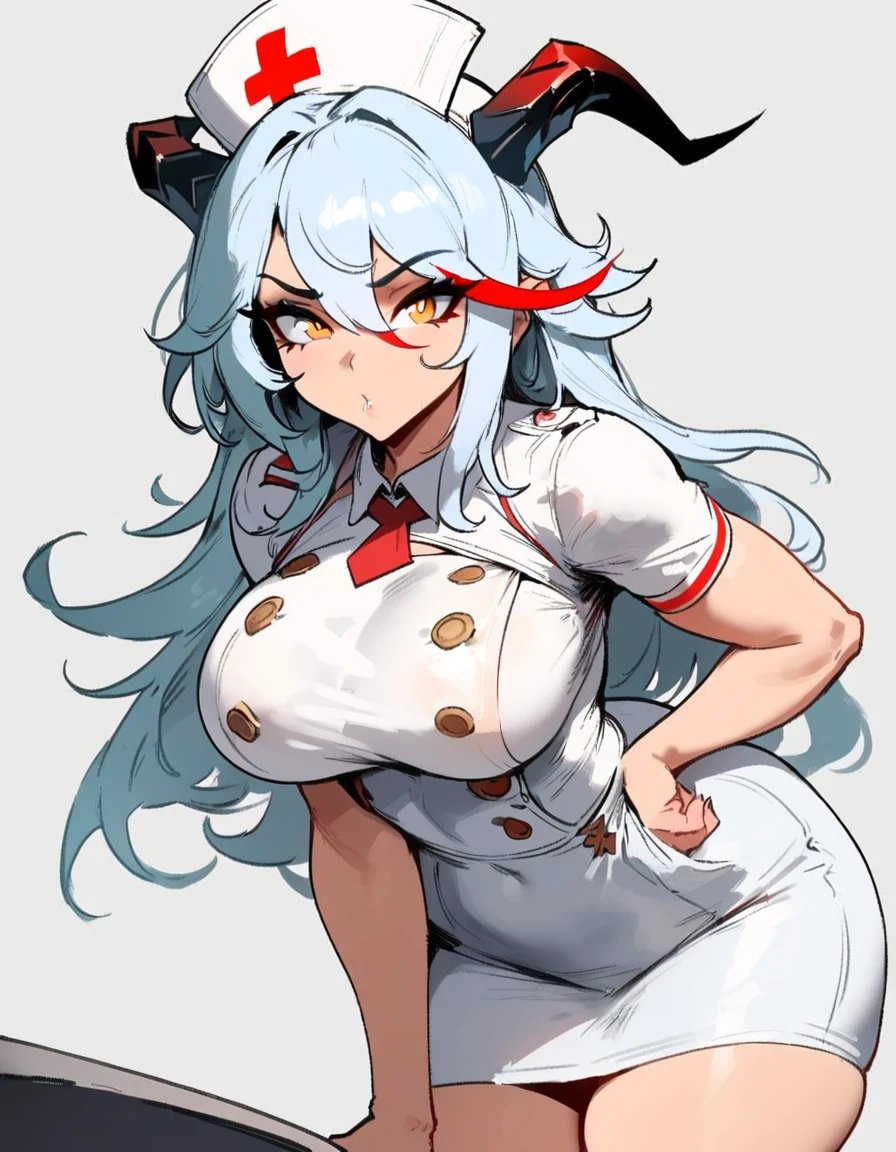 1girl, aegir \(azur lane\), azur lane \\\\\ masterpiece, best quality, very aesthetic, absurdres, newest \\\\\\ sportive body, \\\\\\ by nyantcha,,by cutesexyrobutts,by khyle ///// white hair with a single prominent red streak, black horns, yellow eyes, , white (nurse outfit:1.2), skirt, , white pencil skirt, nurse cap, , , a red cross on the cap, standing, (white background:1.2)