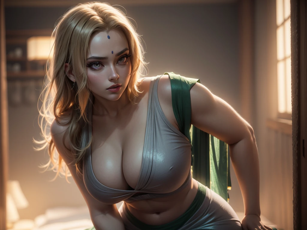 beautiful detailed eyes, beautiful detailed lips, extremely detailed eyes and face, longeyelashes, 1girl, saree, open saree, hot, sensual, voluptuous, curvy, busty, hourglass figure, tsunade, hyper realistic, masterpiece, cinematic lighting, 8k, ultra-detailed, photorealistic, vibrant colors, dramatic lighting, intricate details