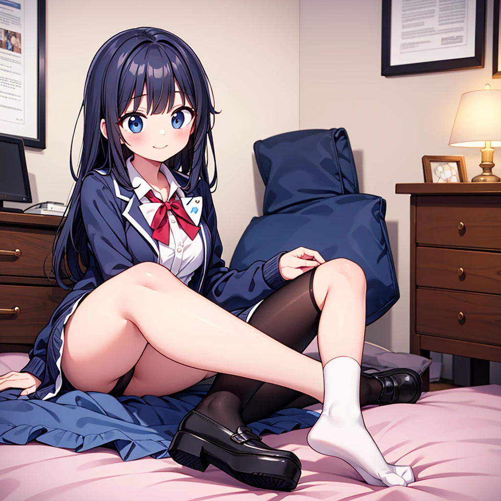 {Highest quality], [so beautiful], [Ultra-fine], [Best illustrations], Browsing Caution,Black Hair, Hime cut, Long Hair, With bangs, girl,high school student,uniform,knit,skirt,smile, blush, Slender women, Adult female,(public),,diagonal, Navy blue knee socks,Black Loafers.night,Health Room,Lying in bed feeling unwell