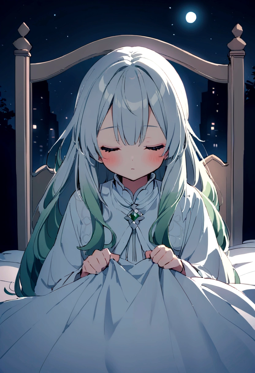 (Cute older sister:1.3)、((Very detailed))、night、Bedroom、On the bed、close your eyes、Going to bed、輝くnight空、((1 person))、Beautiful hair color