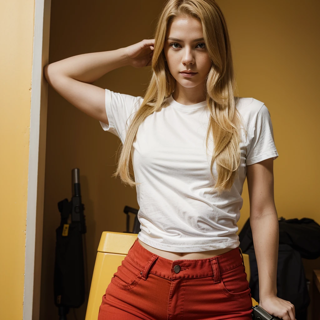 A woman wearing red pants and a yellow T-shirt is holding a gun. her hair is blonde. 
